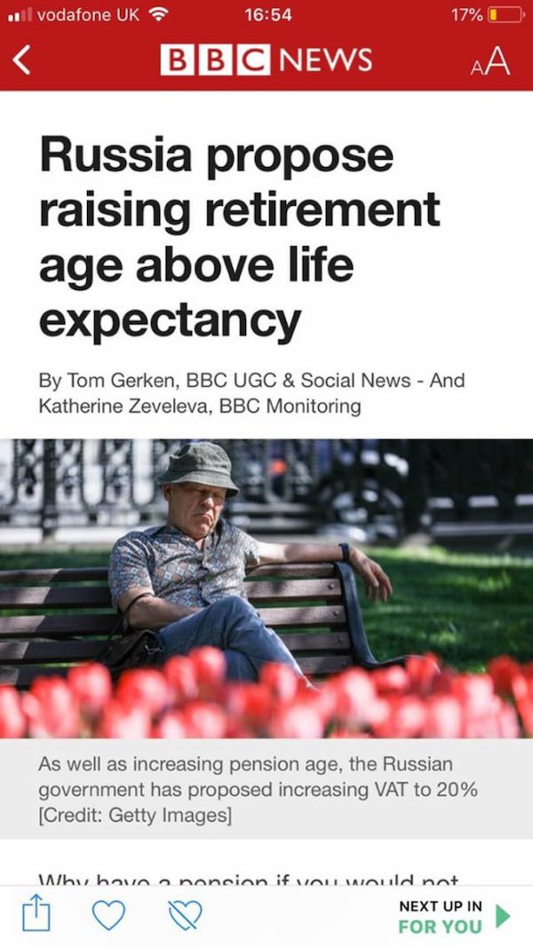 poster - il vodafone Uk Bbc News 17% O Aa Russia propose raising retirement age above life expectancy By Tom Gerken, Bbc Ugc & Social News And Katherine Zeveleva, Bbc Monitoring As well as increasing pension age, the Russian government has proposed increa