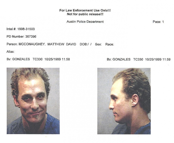 Matthew McConaughey was arrested by Austin, Texas police in October 1999 and charged with possession of marijuana and drug paraphernalia after a neighbor called to complain about music blaring from the actor's crib.

When cops arrived, they found McConaughey dancing around in the buff and playing bongo drums.

The drug charges against McConaughey were eventually dropped, though the star did plead guilty to violating Austin's noise ordinance, for which he paid a $50 fine.