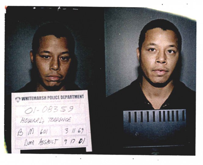 Actor Terrence Howard posed for the above mug shot in September 2001 after Pennsylvania cops arrested him for assaulting his estranged wife. According to a Whitemarsh Police Department report, Howard--a 2006 Academy Award nominee for his role in 'Hustle & Flow'--argued on the phone with Lori McCommas and warned her, 'Don't disrespect me by hanging up on me or I'll come over and hurt you.' After McCommas hung up and called 911, Howard went to her house, kicked in the front door, and punched the mother of his three children twice in the face. When a Whitemarsh cop responded to the scene, Howard admitted, 'I broke the door down and hit my wife.' After being charged with a variety of crimes (simple assault, terroristic threats, harassment and stalking), Howard subsequently pleaded guilty in 2002 to disorderly conduct.