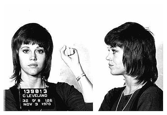 Jane Fonda was arrested in November 1970 in Cleveland after she allegedly kicked a local cop. The actress/activist, then 32, scuffled with the policeman after being stopped at the airport by U.S. Customs agents for having a large quantity of pills in her possession. Fonda posed for the above mug shot as she was being processed for assaulting the officer (that charge was later dismissed). She was booked a day earlier on federal drug smuggling charges, which were also later thrown out.