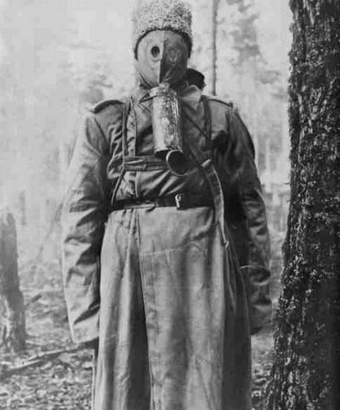 A Russian man wearing a gas mask during WWI in 1916.