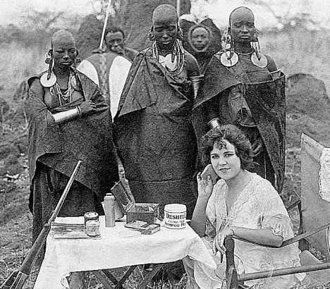 Adventurer Osa Johnson with local tribal women in Kenya in 1933.