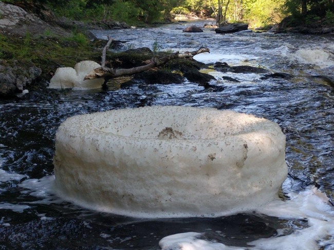 The whirlpool in this stream collected foam and created a perfect circular foam wheel.