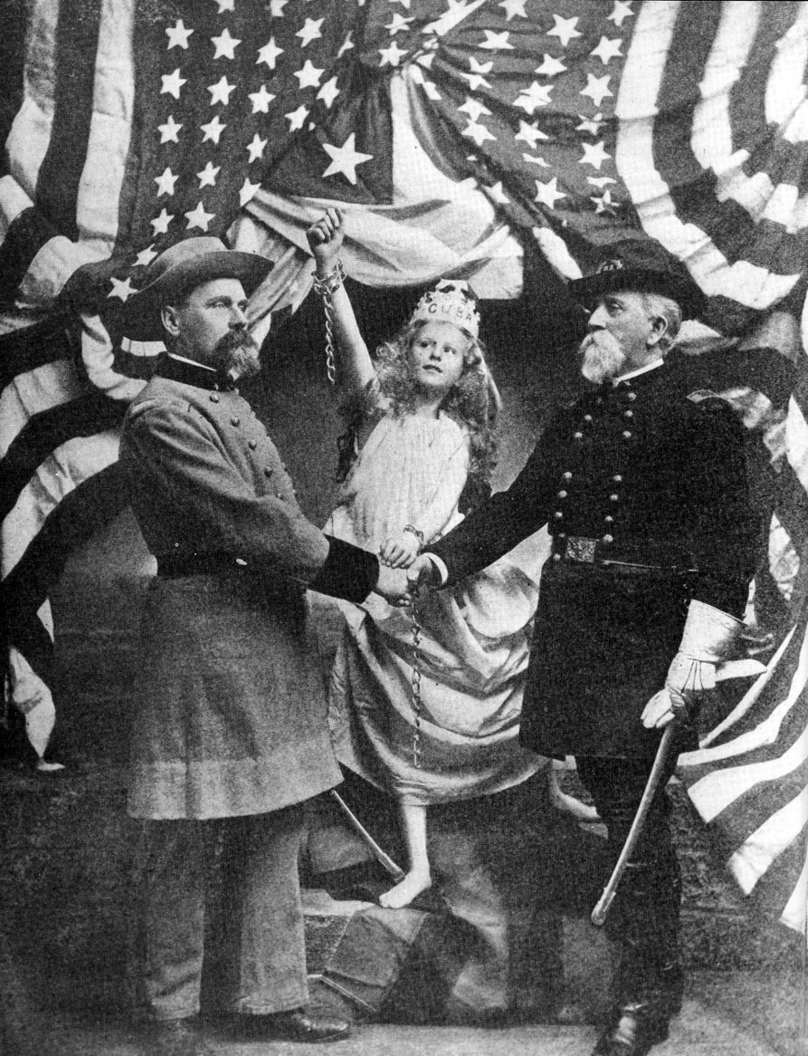 A symbolic picture taken in 1902 used to try and show the end of hatred between former Civil War combatants from the Union and Confederacy after the country worked together to defeat Spain in the Spanish American War (1898) which freed Cuba from Spanish rule.