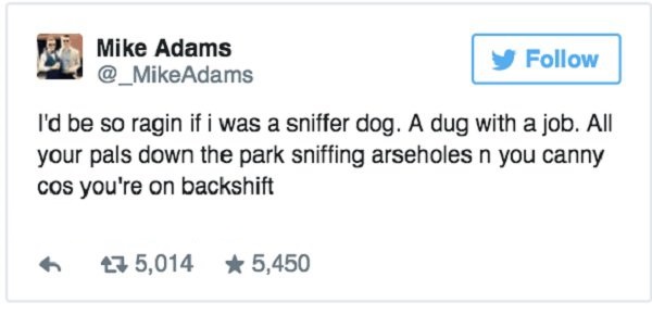 50 cent kanye tweet - Mike Adams y I'd be so ragin if i was a sniffer dog. A dug with a job. All your pals down the park sniffing arseholes n you canny cos you're on backshift 7 5,014 5,450