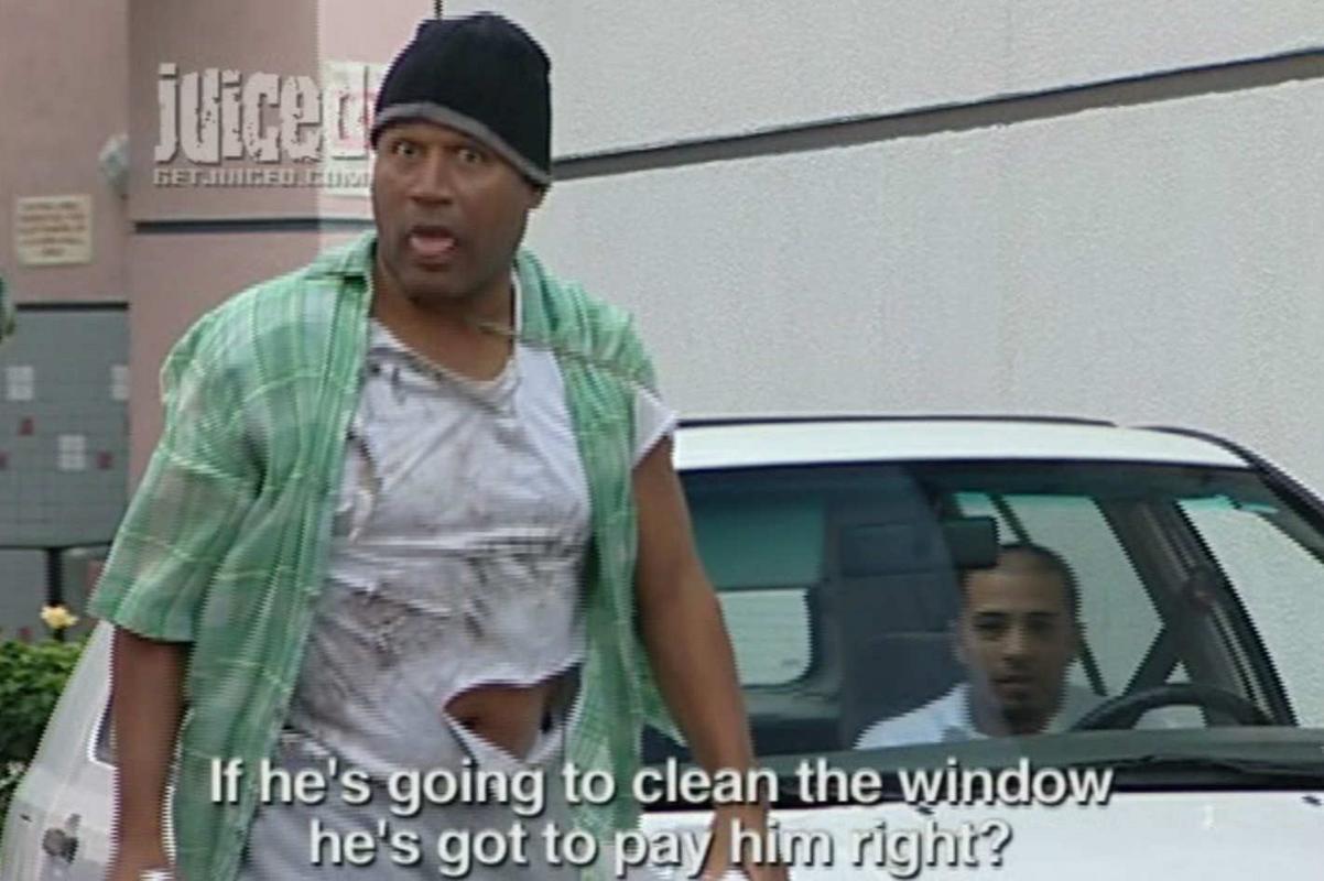 OJ Simpson hosted a pay-per-view prank show called ‘Juice’. In one of the skits, he works as a used car salesman selling a White Bronco with bullet holes in which he promotes the car’s “escapability”