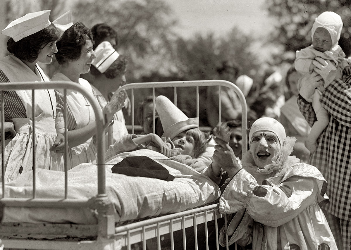 Clowns entertain kids, sort of, at Childrens Hospital in Washington DC, US in 1923.