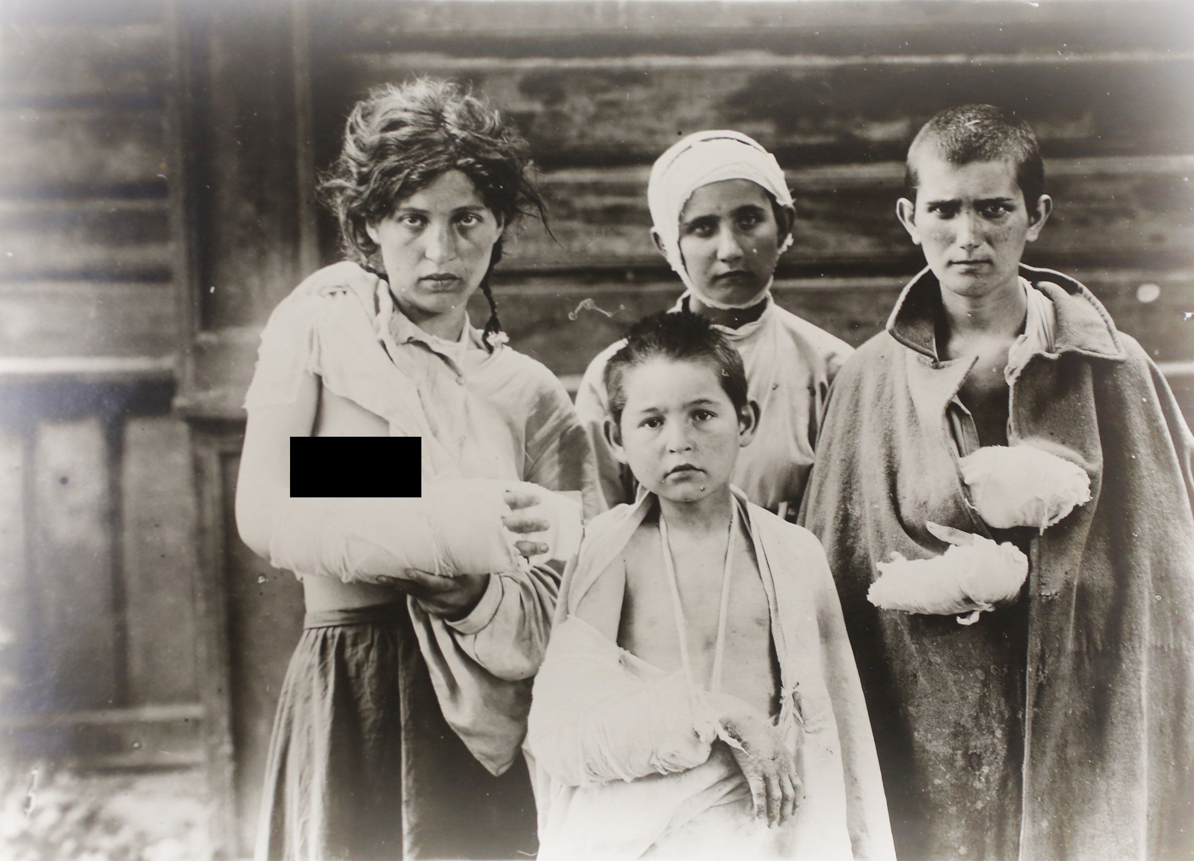 Survivors of a Pogrom (an organized massacre of a particular ethnic group, in particular that of Jews in Russia or eastern Europe) in Ukraine in 1920.