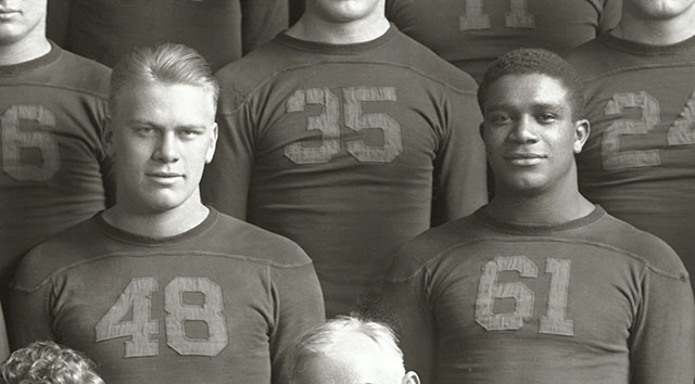 Future President Gerald Ford with teammate Willis Ward at the University of Michigan in 1934. Ford threatened to quit the team when Ward was benched for a game against Georgia Tech, who at the time refused to play against black players