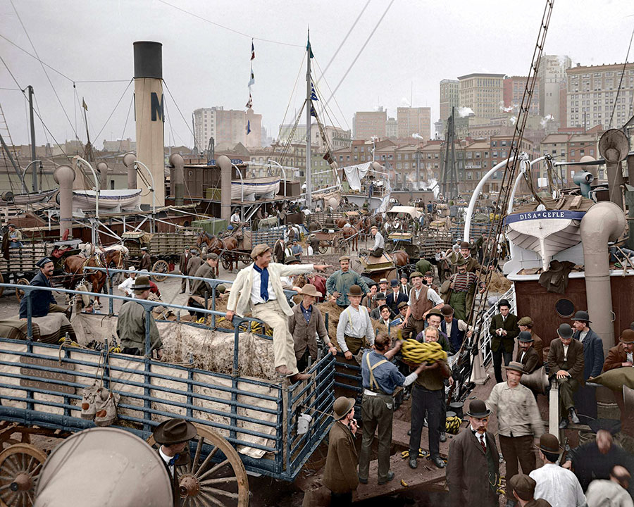 Men unloading a banana boat in New York 1900s