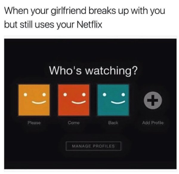 relationship meme of breakup memes When your girlfriend breaks up with you but still uses your Netflix Who's watching? Please Come Back Add Profile Manage Profiles