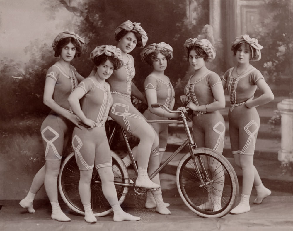 The Kaufmann Troupe of trick cyclists in their one piece uniforms in Germany in 1900.