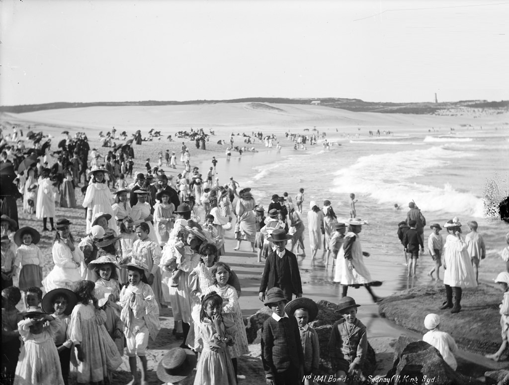 People enjoy a day at Bondi Beach near Sydney, Australia in 1900.