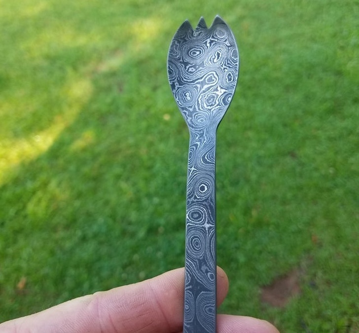 A hand forged Damascus fork