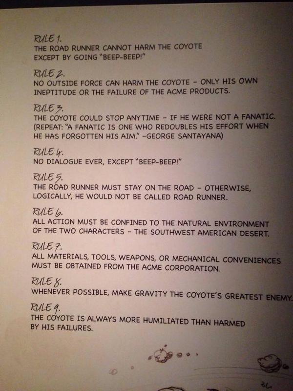 Cartoonist Chuck Jones’ rules for Wild E. Coyote and the Roadrunner