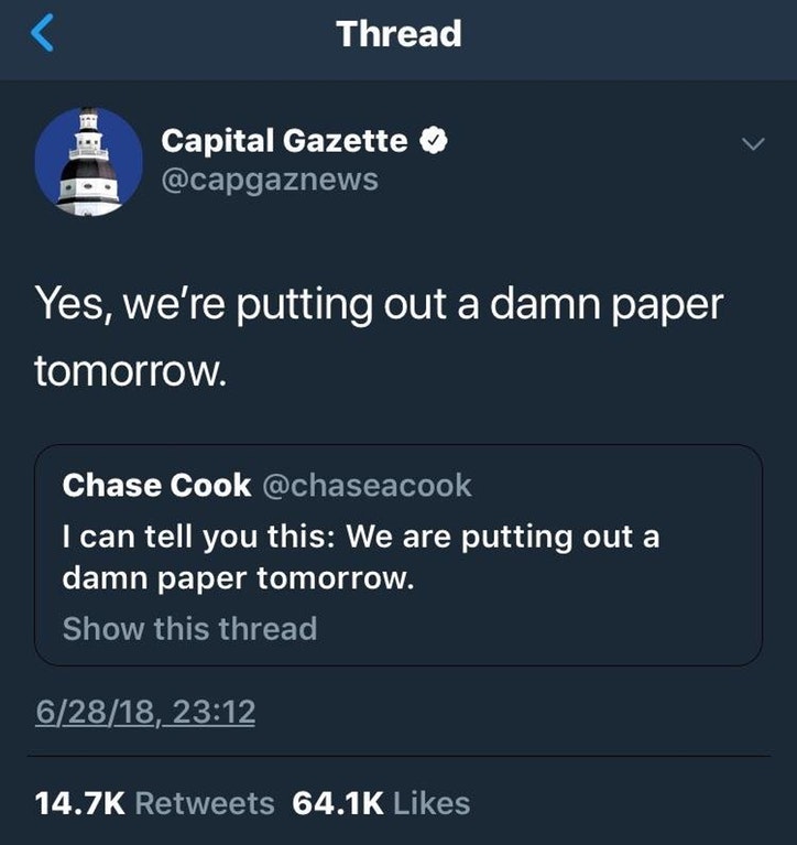 A tweet from the Capital Gazette after the shooting that killed 5 employees