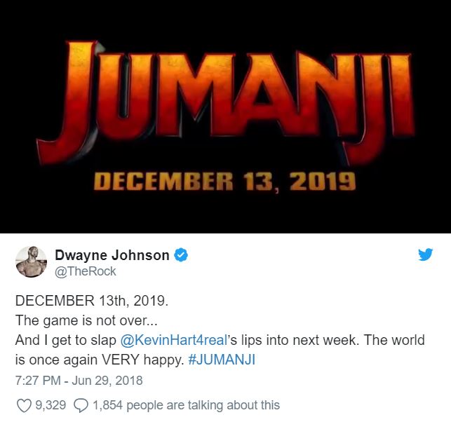 tweet - website - Jumani Dwayne Johnson December 13th, 2019. The game is not over... And I get to slap Hart4real's lips into next week. The world is once again Very happy. 9,329 1,