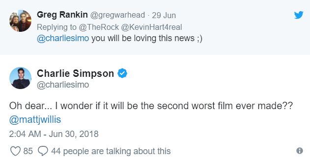 tweet - organization - Greg Rankin 29 Jun Hart4real you will be loving this news ; Charlie Simpson Oh dear... I wonder if it will be the second worst film ever made?? 85
