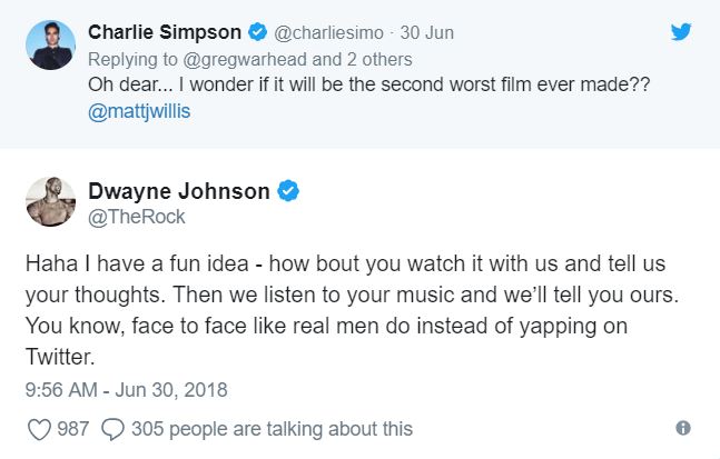 tweet - zakarian and guarnaschelli - Charlie Simpson 30 Jun and 2 others Oh dear... I wonder if it will be the second worst film ever made?? Dwayne Johnson Haha I have a fun idea how bout you watch it with us and tell us your thoughts. Then we listen to y