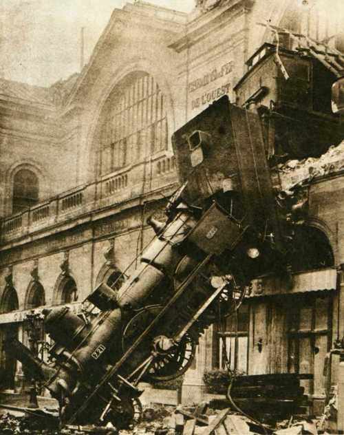 An accident at a train station in France in 1885.