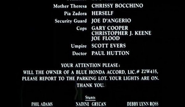 The credits for 1994’s Naked Gun 33⅓: The Final Insult feature an ‘announcement’ informing a car owner that their lights are on.