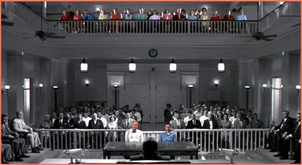 In Pleasantville (1998), the court scene intentionally mirrors a similar one in To Kill a Mockingbird (1962), with the ‘colored’ people in the balcony and the ‘black and white’ ones below.