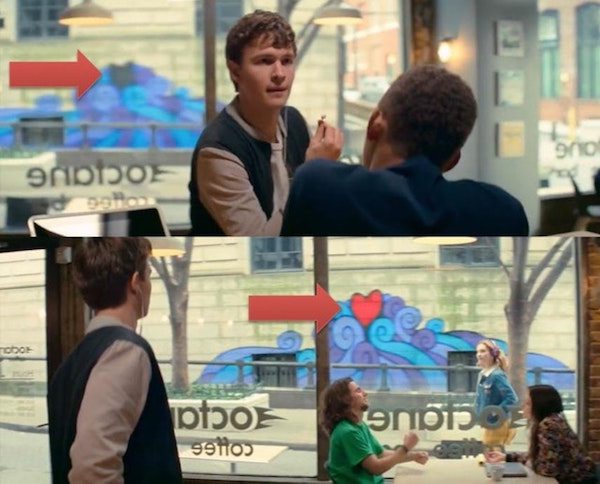 In 2017’s Baby Driver, the heart mural on the wall behind Baby changes from black to red after he meets Deborah and falls in love.