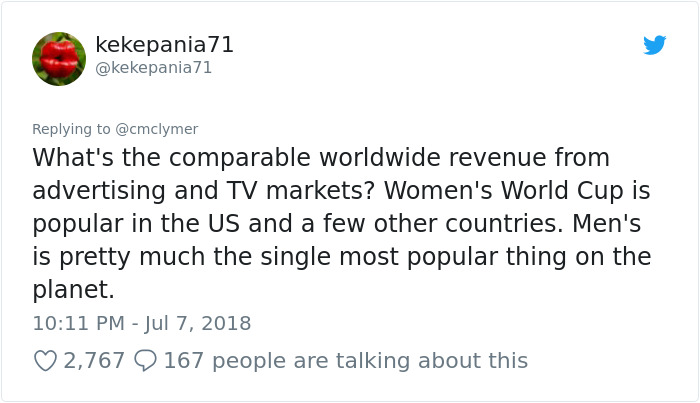 therapist finger guns - kekepania 71 71 What's the comparable worldwide revenue from advertising and Tv markets? Women's World Cup is popular in the Us and a few other countries. Men's is pretty much the single most popular thing on the planet. 2,767