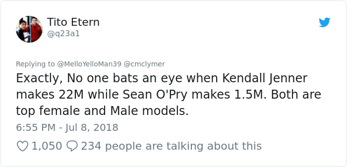 take one day off email - Tito Etern YelloMan39 Exactly, No one bats an eye when Kendall Jenner makes 22M while Sean O'Pry makes 1.5M. Both are top female and Male models. 1,050 Q