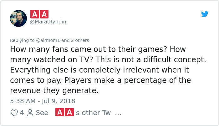 document - Aa and 2 others How many fans came out to their games? How many watched on Tv? This is not a difficult concept. Everything else is completely irrelevant when it comes to pay. Players make a percentage of the revenue they generate. 4 8 See Aa's 