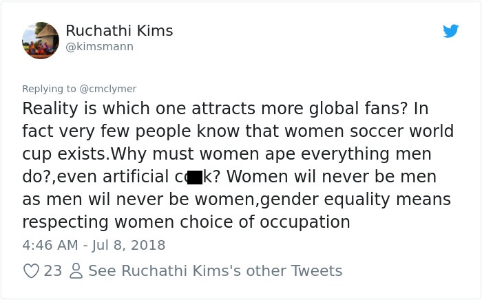 responding tweets to peta steve irwin - Ruchathi Kims Reality is which one attracts more global fans? In fact very few people know that women soccer world cup exists. Why must women ape everything men do?,even artificial cak? Women wil never be men as men