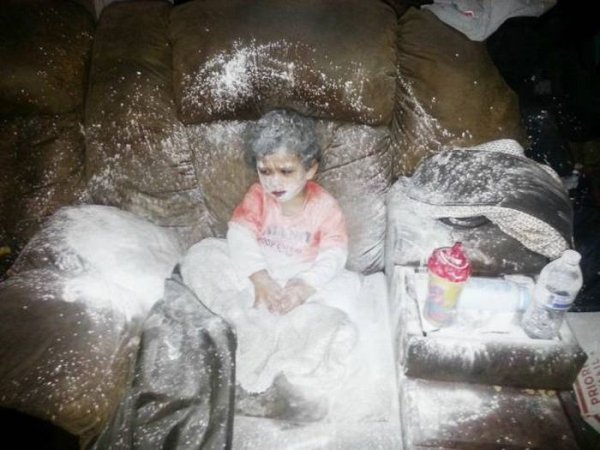kid covered in powder