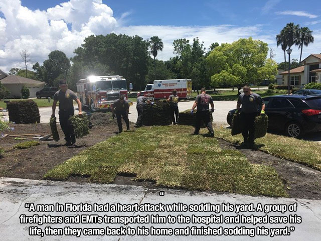 Firefighter - Aman in Florida had a heart attack while sodding his yard. A group of firefighters and Emts transported him to the hospital and helped save his life, then they came back to his home and finished sodding his yard."
