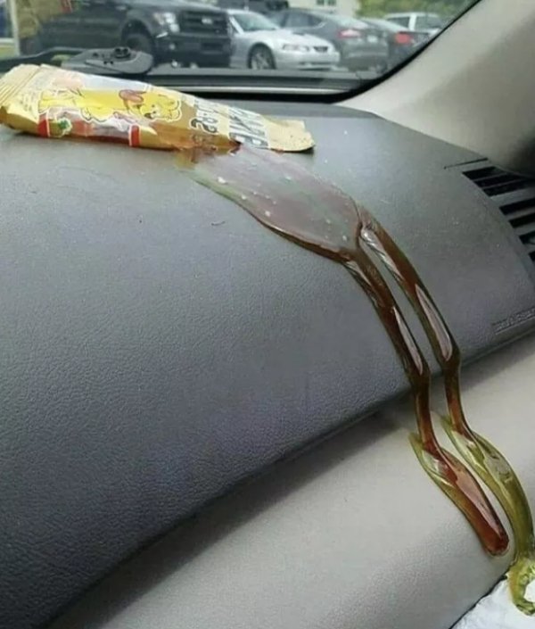 random melted gummy bears in car