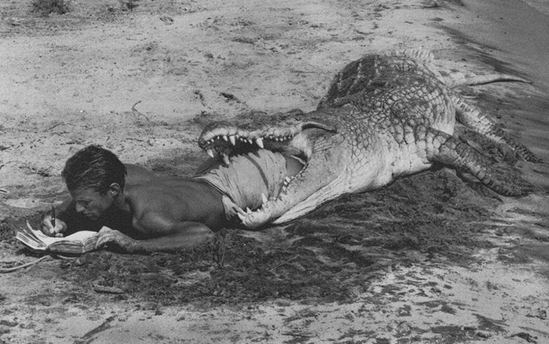 Artist Peter Beard writing in his journal while his legs are in the mouth of a crocodile in Kenya in 1968. The crocodile had been killed already and used as a unique prop for some of his photography. He then would decorate the images with all kinds of things like paint to even his own blood, with some of these prints selling for $25,000 recently.