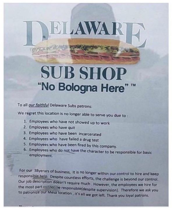 newspaper - Delaware Sub Shop "No Bologna Here" To all our faithful Delaware Subs patrons We regret this location is no longer able to serve you due to 1. Employees who have not showed up to work 2. Employees who have quit 3. Employees who have been incar