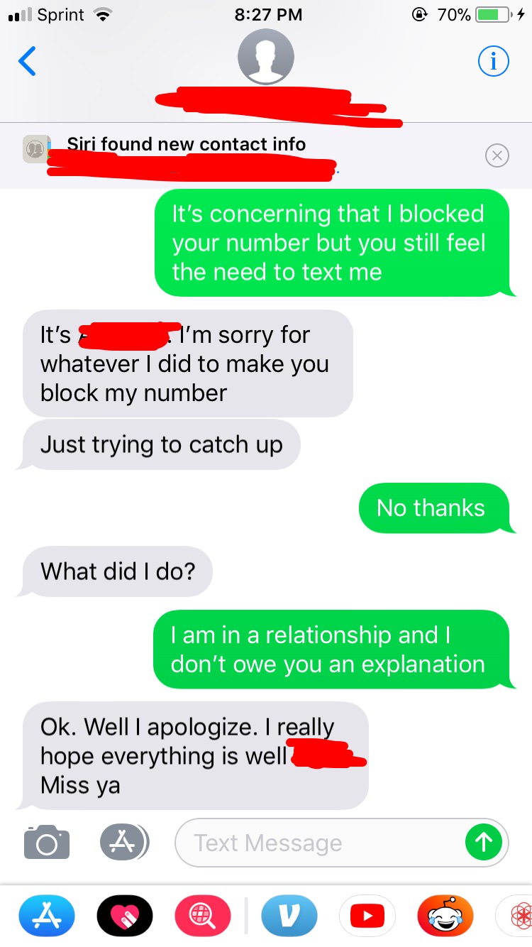 wrong number meme message - ul Sprint a @ 70% O4 Siri found new contact info It's concerning that I blocked your number but you still feel the need to text me It's I'm sorry for whatever I did to make you block my number Just trying to catch up No thanks 