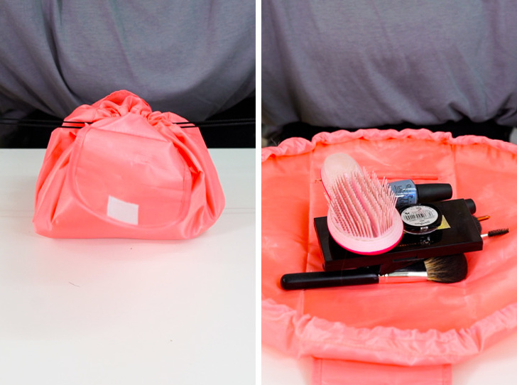 A makeup bag that tightens up to close