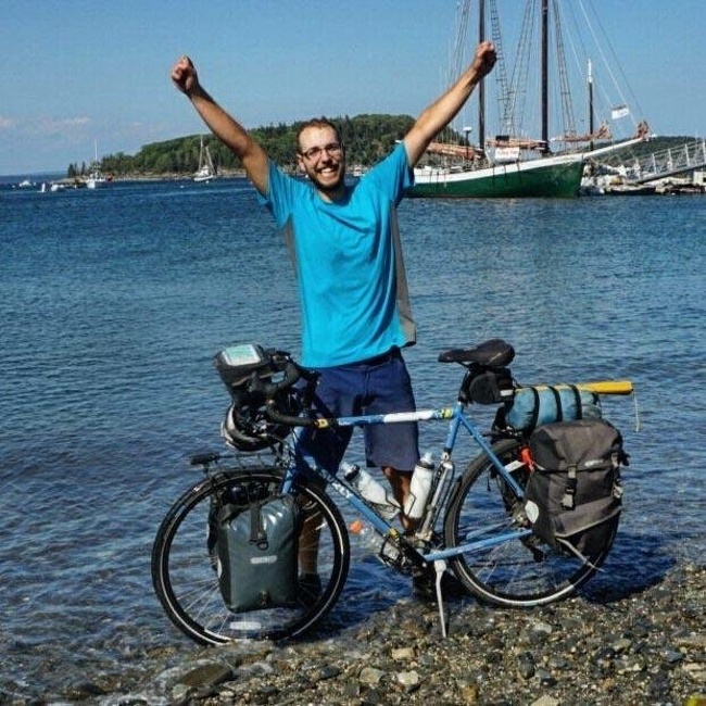 "My friend after biking 4,374 miles across the United States. From Washington to Maine."