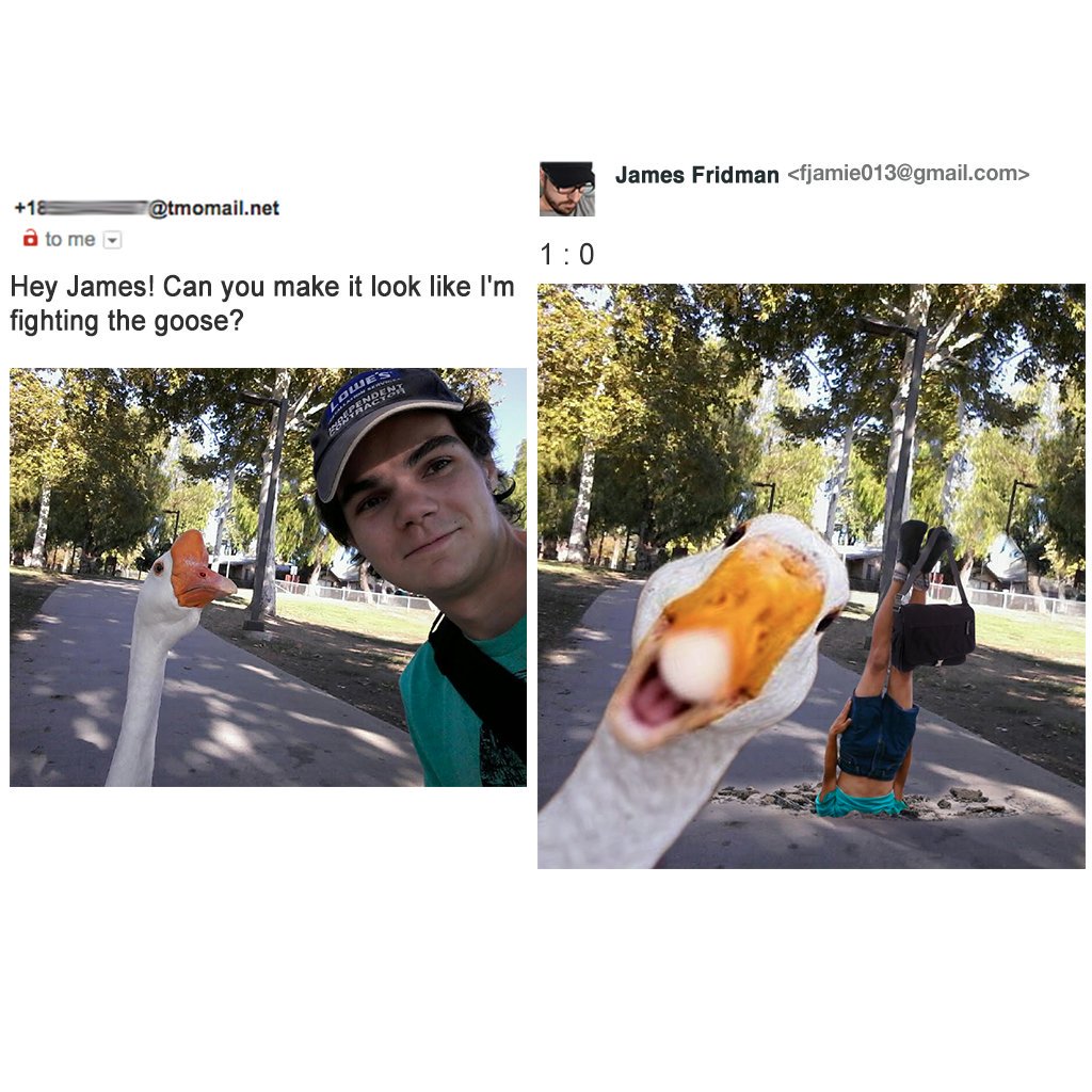 james fridman - James Fridman  12 .net a to me Hey James! Can you make it look I'm fighting the goose? Osno
