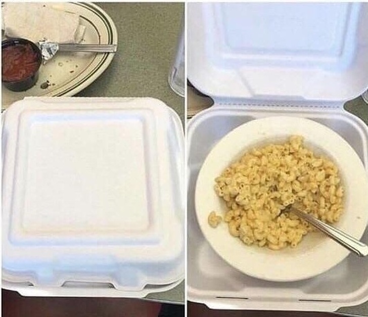 “Asked my son to box his leftover mac n’ cheese at the restaurant. Not sure if he’s stupid or a genius.”