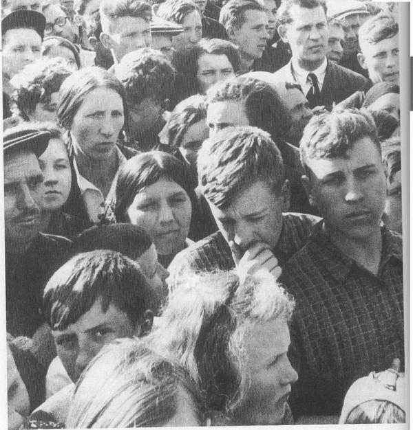 Citizens of Moscow listen to a historic radio announcement, saying that German forces invaded at 4 AM that morning and that the war started. 30% of male population will perish in the next 4 years (including 90% of men born in 1923)…June 22th, 1941