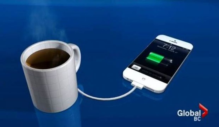 A coffee mug that charges your phone when filled with a hot beverage