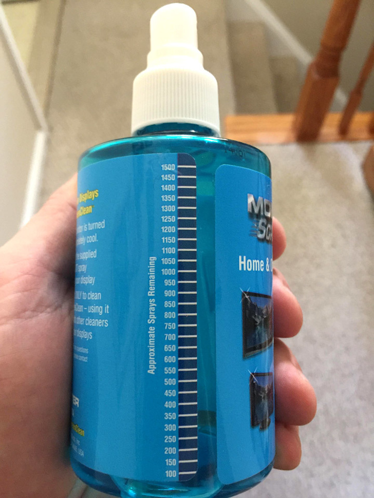 “This bottle of screen cleaner has a gauge to show how many sprays are remaining.”
