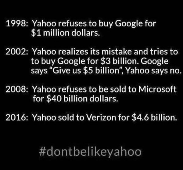 real story of the bible - 1998 Yahoo refuses to buy Google for $1 million dollars. 2002 Yahoo realizes its mistake and tries to to buy Google for $3 billion. Google says "Give us $5 billion", Yahoo says no. 2008 Yahoo refuses to be sold to Microsoft for $