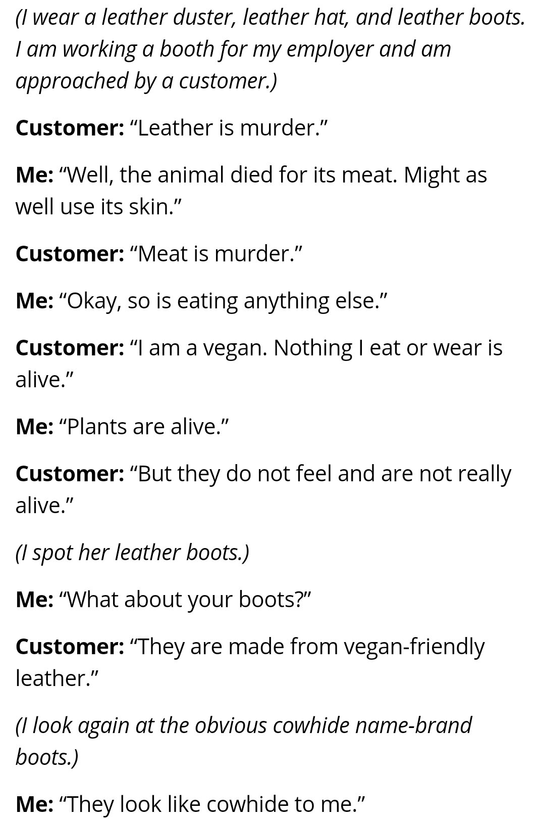 Vegan can't handle facts about leather