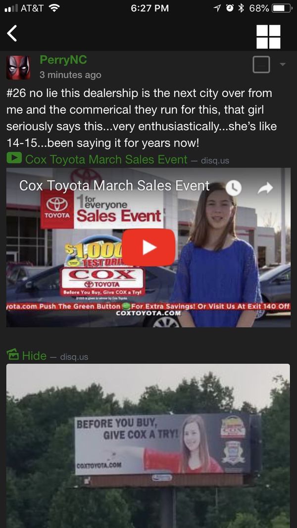 display advertising - . At&T 10 68% PerryNC 3 minutes ago no lie this dealership is the next city over from me and the commerical they run for this, that girl seriously says this...very enthusiastically...she's 1415...been saying it for years now! Cox Toy