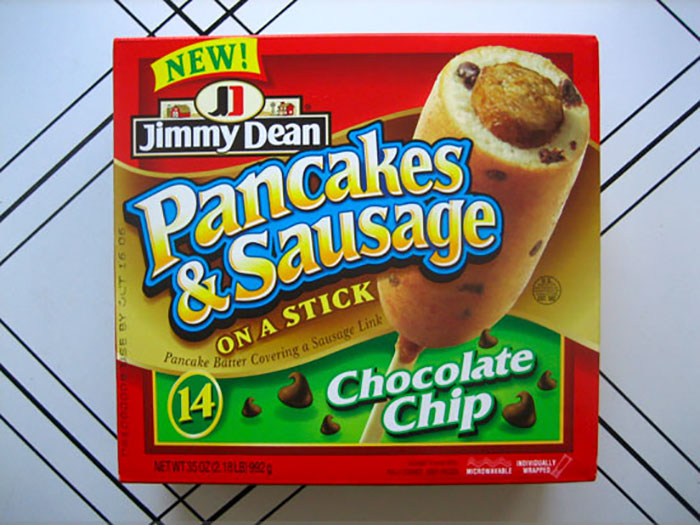 In 2016 Jimmy Dean introduced a strange combination - sausage link wrapped with chocolate chip pancakes on a stick. For a quite obvious reason, this product didn't last long.