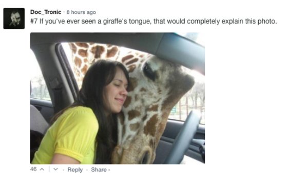 Doc Tronic 8 hours ago If you've ever seen a giraffe's tongue, that would completely explain this photo. 46