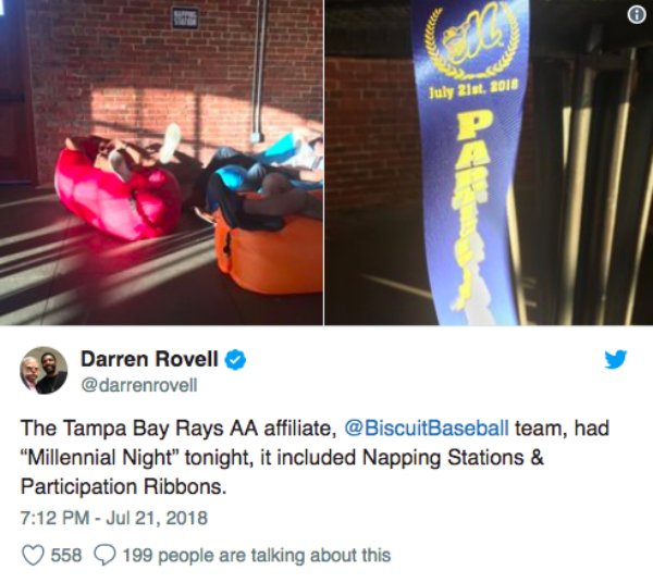millennial night minor league baseball - July 21st, 2018 Darren Rovell The Tampa Bay Rays Aa affiliate, team, had "Millennial Night" tonight, it included Napping Stations & Participation Ribbons. 558